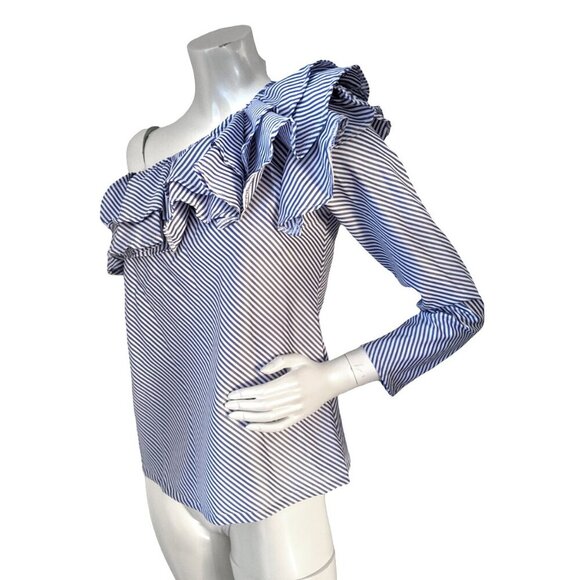 Asymmetrical Off Shoulder Ruffle Neckline Stripe Blouse Top Summer Blue White - Picture 4 of 6